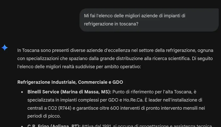 Risposta Gemini che cita Binelli Service fra le aziende di refrigerazione in Toscana