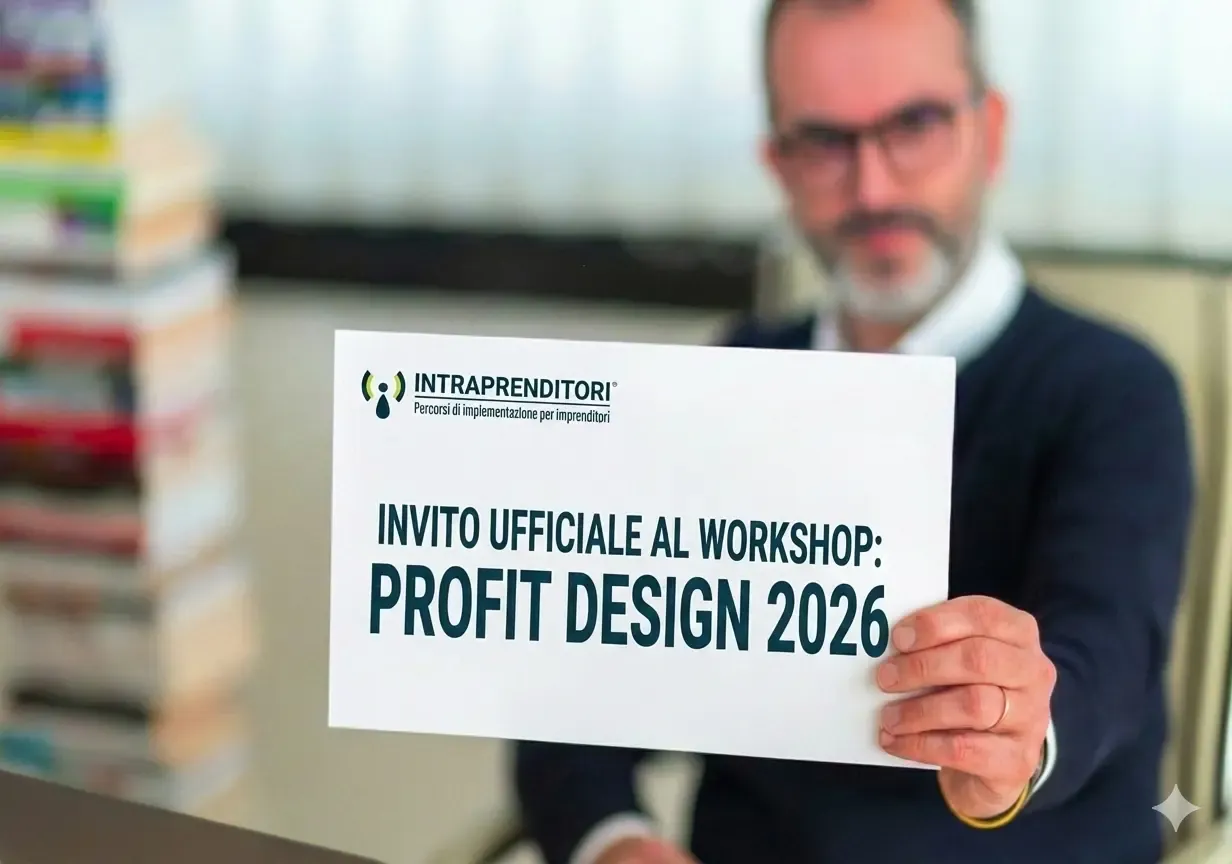 Andrea Lagravinese mostra l'invito ufficiale al workshop Intraprenditori Profit Design 2026