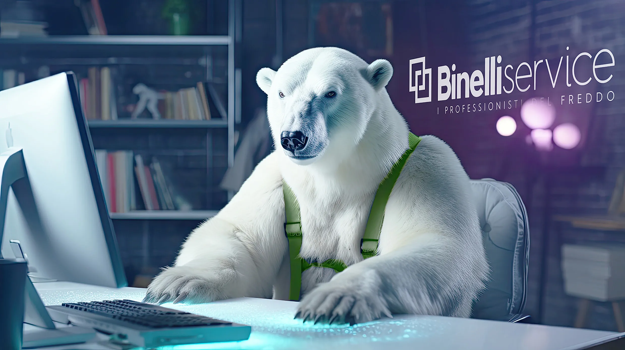 Orso polare al computer con il marchio Binelli Service