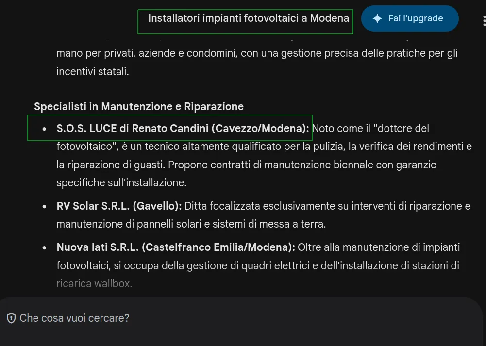 Risposta Gemini che cita S.O.S. Luce di Renato Candini fra gli specialisti di manutenzione e riparazione fotovoltaica a Modena