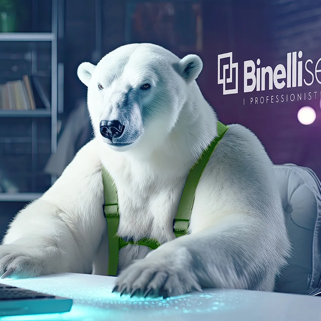 Orso polare al computer davanti al marchio Binelli Service