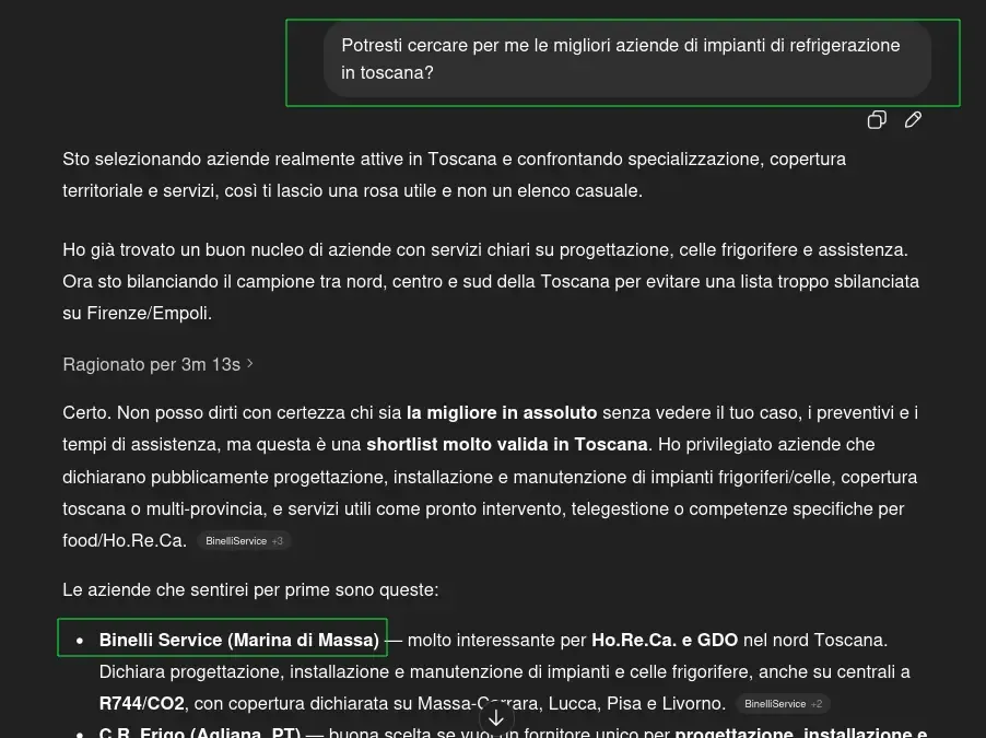 Risposta ChatGPT che cita Binelli Service fra le aziende di refrigerazione in Toscana
