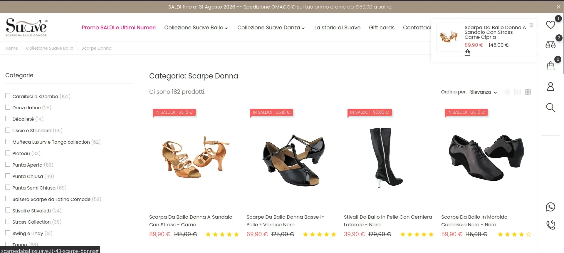 Pagina di categoria dell’eCommerce Suave con diversi modelli di scarpe da ballo